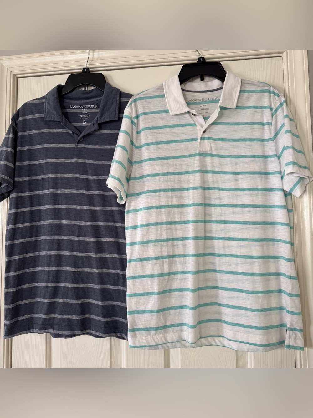 Banana Republic Men’s Striped Polo Pack — Navy and White with Teal Stripes 2/$10